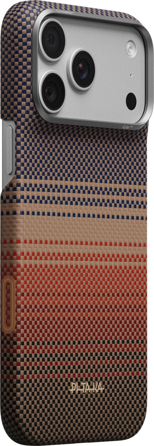 PITAKA Edge Case iPhone 17 Pro Max/18 Pro Max Sunset featuring a woven pattern transitioning from blue to orange and brown with a metal camera frame.