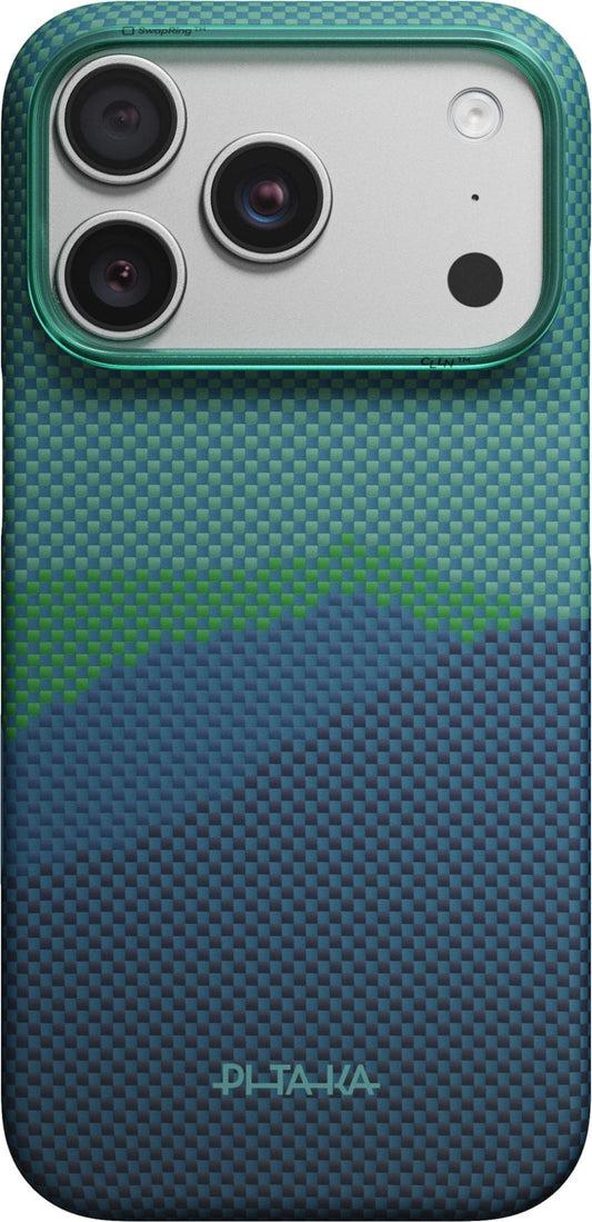 PITAKA Edge Case iPhone 17 Pro/18 Pro Summer Noon with a blue and green pixelated pattern, featuring a bright teal camera frame and a triple-lens cutout.