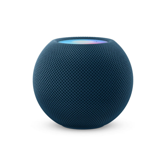 Der Apple HomePod mini in Blau ist ein dunkelblauer, kugelförmiger Smart Speaker mit 360°-Audio, einem Mesh-Gehäuse und einer glatten Oberfläche, die dezent leuchtet - ideal, um Ihr Smart Home zu bereichern.