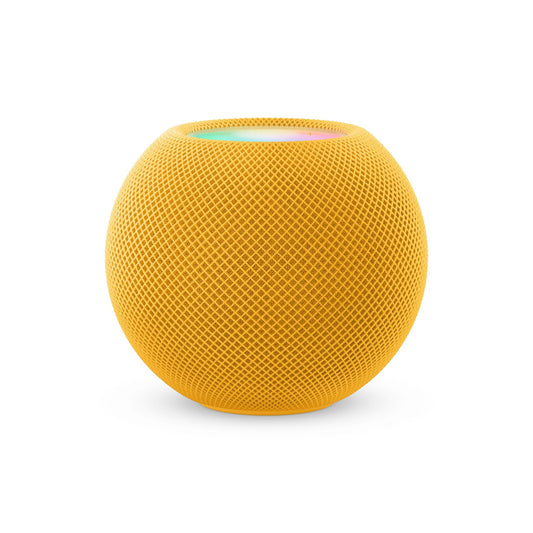 Der Apple HomePod mini, gelb, ist ein gelber, kugelförmiger smarter Lautsprecher mit einer strukturierten Mesh-Oberfläche, 360°-Audio und einer flachen, farbigen, berührungsempfindlichen Oberseite.