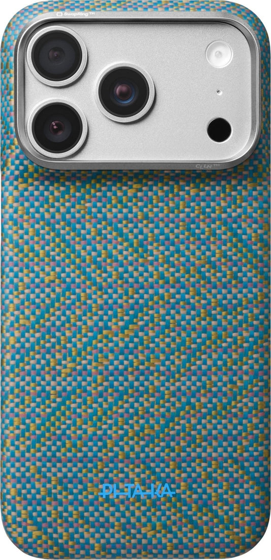 PITAKA Edge Case iPhone 17 Pro Max/18 Pro Max Wind over Wheat featuring a woven blue, yellow, and pink pattern with a silver-colored metallic camera module surround.
