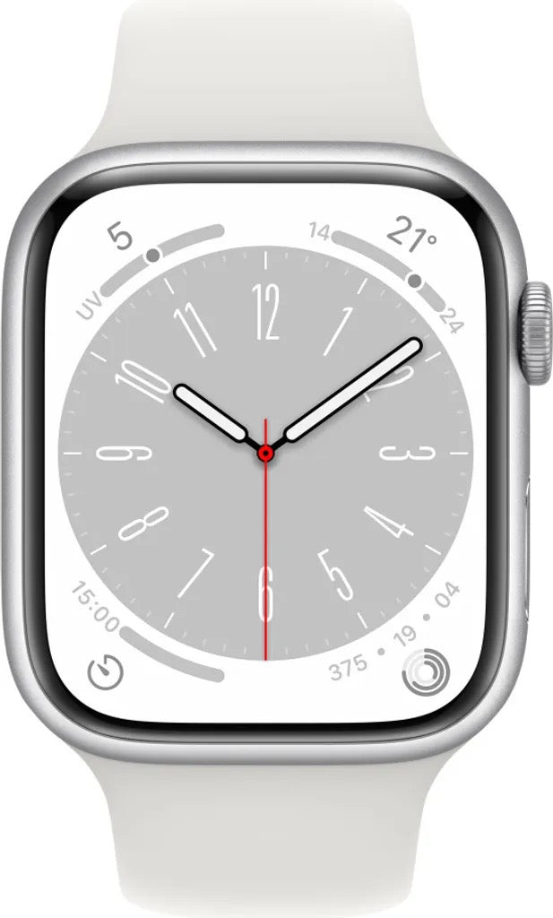 Apple Watch Series 8 GPS + Cellular, Aluminium silber, 45mm mit Sportarmband, weiß
