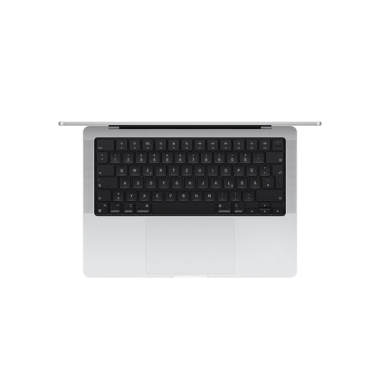 Gümüş renkli bir Apple MacBook Pro 14 (SI/M4, 10 çekirdekli CPU ve GPU, 24GB RAM, 512GB SSD), ekranı hafifçe açık olarak yukarıdan bakıldığında siyah bir klavye ve beyaz bir arka plan üzerinde ortalanmış büyük bir izleme dörtgeni gösteriyor.