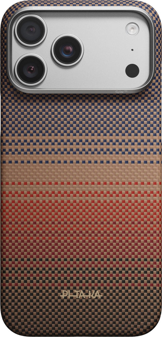 PITAKA Edge Case iPhone 17 Pro Max/18 Pro Max Sunset featuring a woven, multi-colored pattern fading from dark blue at the top to tan at the bottom.