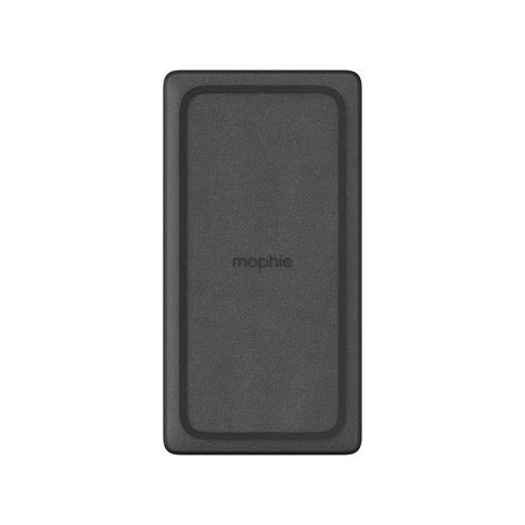 Die Mophie Snap Plus Wireless Powerstation Stand 10.000 mAh in Schwarz mit schlankem, rechteckigem Design und zentralem Logo bietet kabelloses Aufladen für Qi-fähige Smartphones - von oben auf weißem Hintergrund zu sehen.
