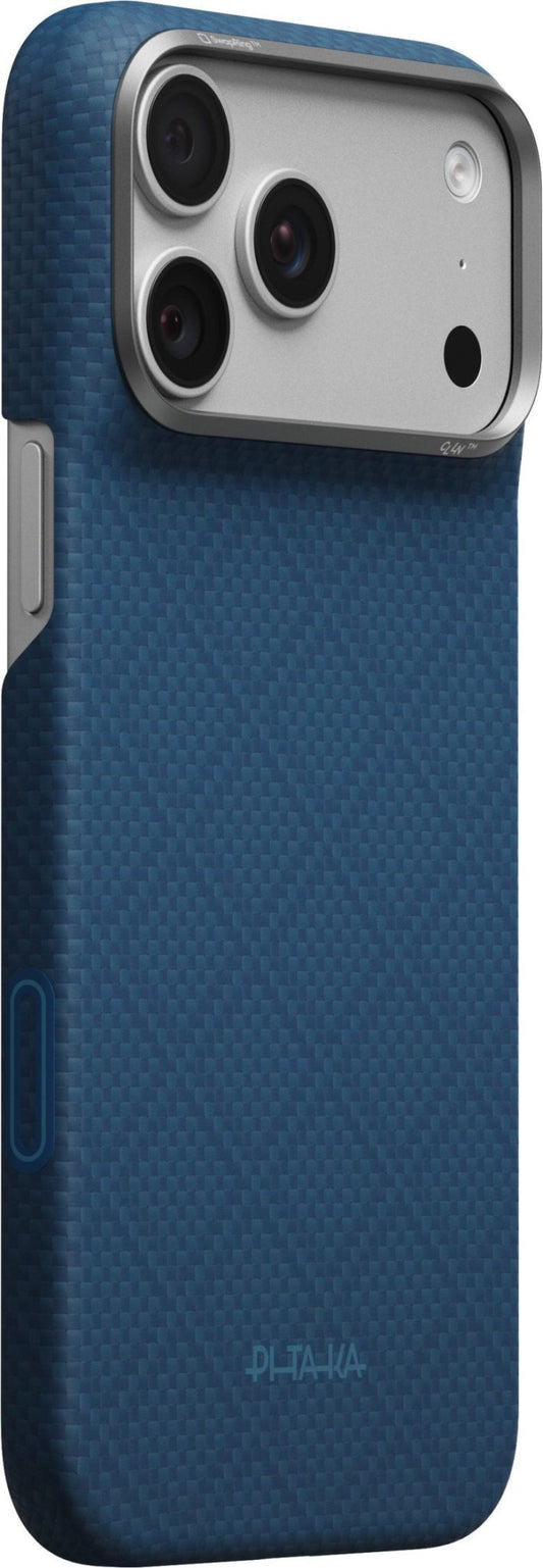 PITAKA Edge Case iPhone 17 Pro Max/18 Pro Max Abyss Blue Argyle with a woven pattern, metallic camera frame, and button cutouts.
