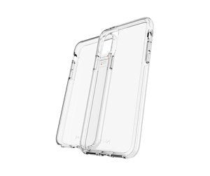 Zwei transparente Gear4 D3O Crystal Palace Cases für iPhone 11 Pro Max sind aufrecht und leicht überlappend auf einem schlichten weißen Hintergrund abgebildet.