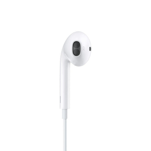 Ein weißer 3,5-mm-EarPods-Kopfhörer mit der Kennzeichnung "R" für das rechte Ohr, mit Mesh-Gitter und integriertem Lautsprecher, ist auf einem schlichten weißen Hintergrund abgebildet - ideal als Kopfhörer mit Mikrofon und Fernbedienung.