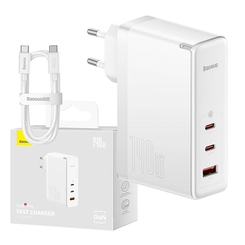 Baseus GaN5 Pro 140W Netzteil mit 2x USB-C und USB-A Anschluss inklusive 1m USB-C auf USB-C Kabel
