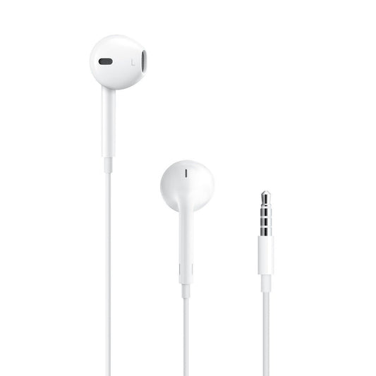 Ein Paar kabelgebundene Apple EarPods 3,5 mm-Kopfhörer mit eingebautem Mikrofon und 3,5 mm-Audiobuchse, dargestellt auf weißem Hintergrund.