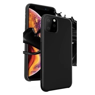 Das SDesign Original Case 11 Pro Max in Schwarz von Sdesign zeigt auf der Vorder- und Rückseite das lebendige, abstrakte Displaydesign des Telefons auf weißem Hintergrund mit einem Spritzer schwarzer Flüssigkeit.