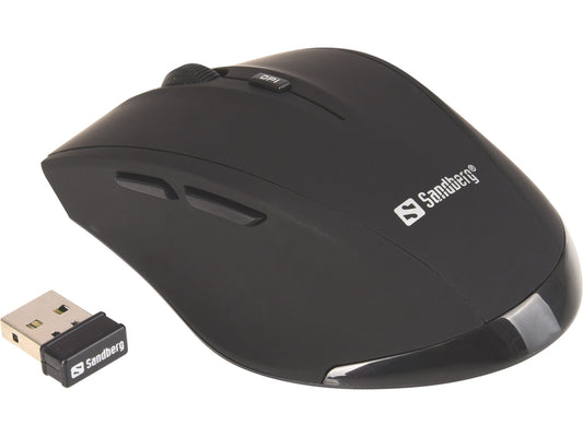 Die Sandberg Wireless Mouse Pro in Schwarz verfügt über zwei seitliche Tasten, ein Scrollrad, ein ergonomisches Design für mehr Komfort und wird mit einem USB-Empfänger geliefert.