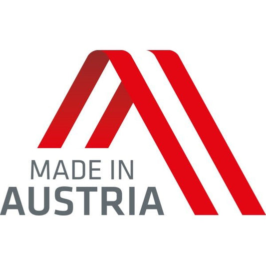 Logo mit roten und weißen Streifen, die ein abstraktes „A“ bilden, über dem Schriftzug „MADE IN AUSTRIA“ in grauer Schrift auf weißem Hintergrund. Dieses Premium-Design präsentiert das „Netex Smartphone-Schaumreiniger-Set mit Reinigungstuch – 50 ml“ von Netex, das innovative Reinigung mit einem weichen, antibakteriellen Mikroflisestuch für eine schonende und dennoch wirksame Smartphone-Pflege bietet.