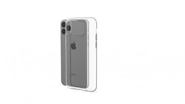Die DEVIA Naked Crystal Clear iPhone 11 Pro Max Hülle von DEVIA wird vor einem grauen iPhone 11 Pro Max mit drei rückwärtigen Kameras auf weißem Hintergrund gezeigt.
