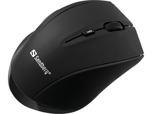 Eine schwarze Sandberg Wireless Mouse Pro mit DPI-Einstellung und Scrollrad, von oben gesehen auf einem weißen Hintergrund. Verfügt über einen USB-Empfänger für einfache Konnektivität.