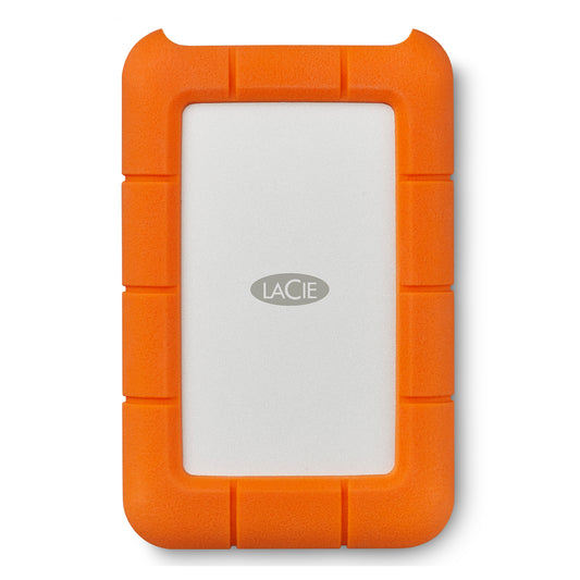 Eine LaCie Rugged USB-C, 1 TB externe Festplatte von LaCie mit einem weißen Zentrum und einem leuchtend orangefarbenen stoßfesten Gummirand wird von oben auf einem weißen Hintergrund gezeigt.