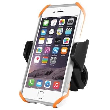 Ein Smartphone in einem weiß-orangenen Gehäuse sitzt auf einem schwarzen Macally Bikeholder und zeigt seinen Startbildschirm - ideal für alle, die unterwegs mit dem Fahrrad navigieren müssen.