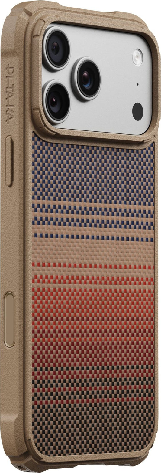 A tan PITAKA Cairn Case for iPhone 17 Pro Max/18 Pro Max Sunset with a woven back panel featuring a horizontal gradient pattern of blue, tan, orange, and red squares.