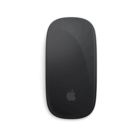 Eine schwarze Apple Magic Mouse ist von oben auf einem weißen Hintergrund zu sehen. Das Gerät weist das schlanke, minimalistische Design von Apple mit einer glänzenden Oberfläche und dem Apple-Logo im unteren Bereich auf.