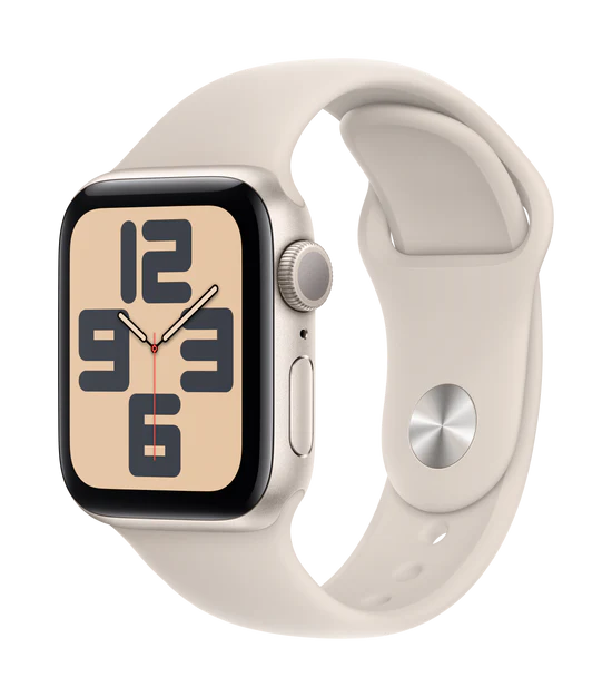 Eine silberne Apple Watch mit einem hellgrauen Sportarmband zeigt ein großes, fettes, beigefarbenes Zifferblatt im modernen Stil mit schwarzen Ziffern und einfachen Zeigern. Das Apple-Gerät ist in einem Winkel dargestellt.