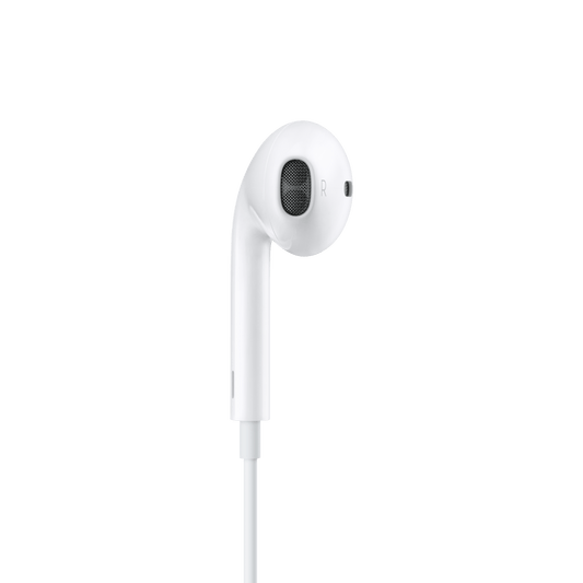 Ein rechter Apple EarPods (USB-C) Ohrhörer in Weiß mit In-Ear-Design, kleinem Lautsprechergitter und "R"-Kennzeichnung wird vor einem schlichten, hellen Hintergrund gezeigt.