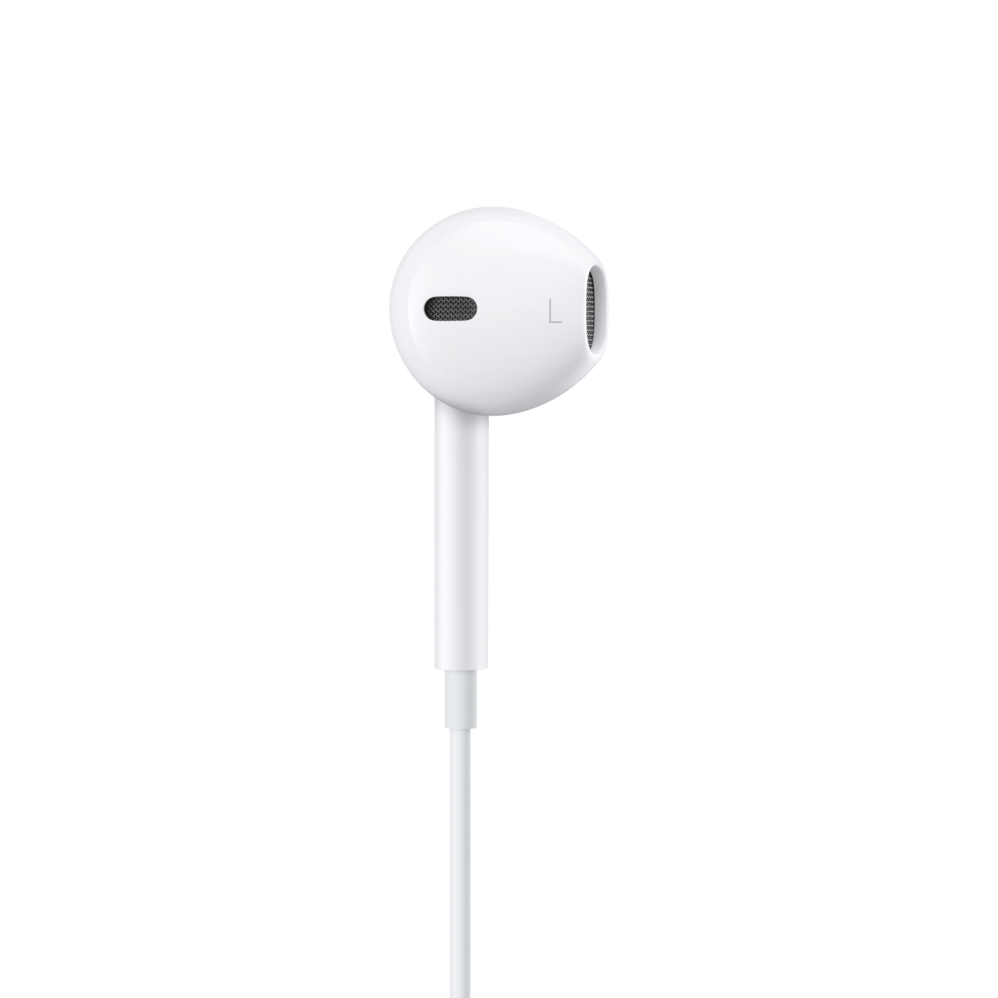 Ein einzelner weißer Apple EarPods (USB-C) Ohrhörer mit einem ovalen Lautsprechergitter und einem kleinen "L" für das linke Ohr wird vor einem schlichten hellgrauen Hintergrund angezeigt.