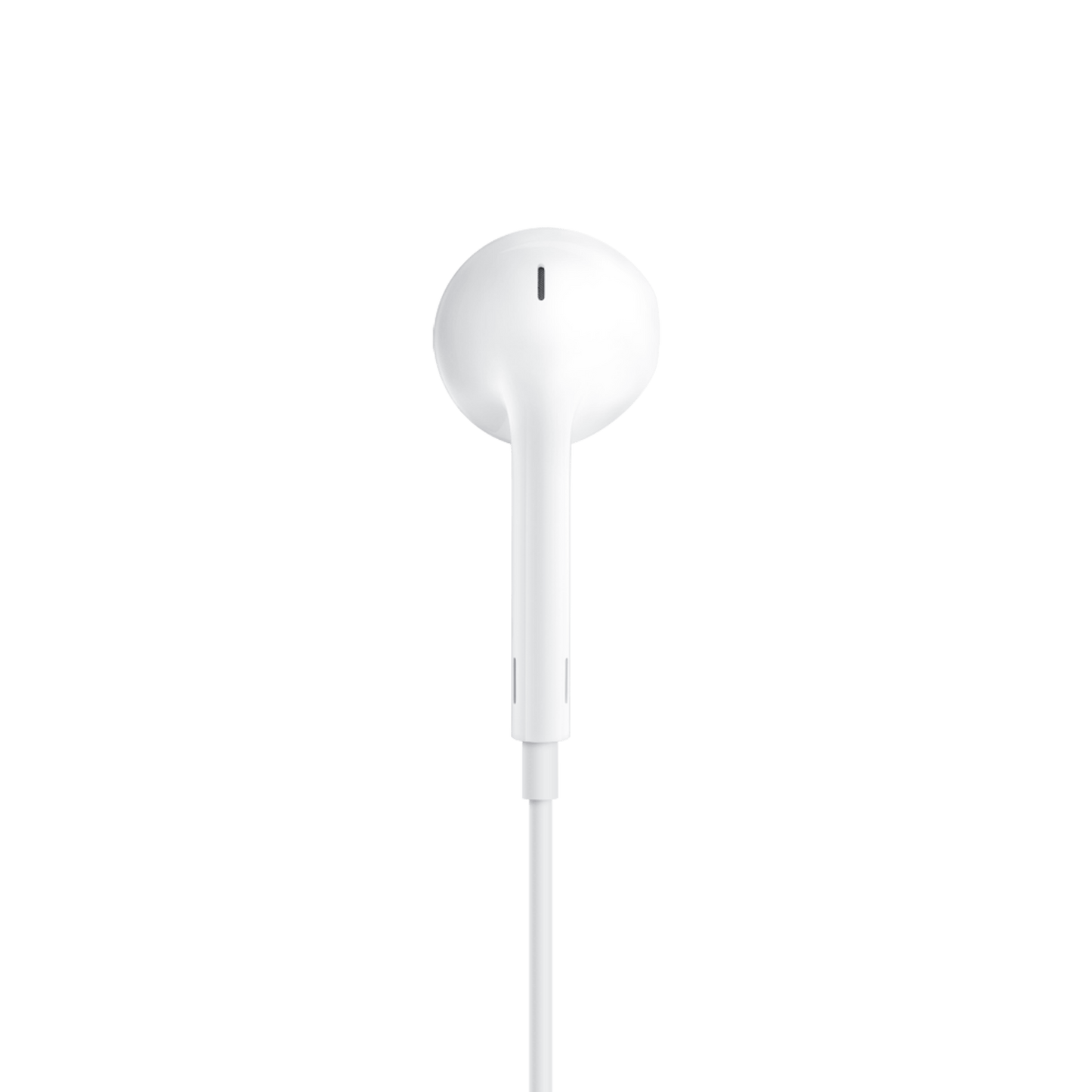 Ein einzelner weißer Apple EarPods (USB-C) Ohrhörer steht mittig auf einem schlichten hellgrauen Hintergrund und wird von vorne gezeigt, wobei das Kabel nach unten verläuft - ideal, um hochwertigen Sound zu genießen.