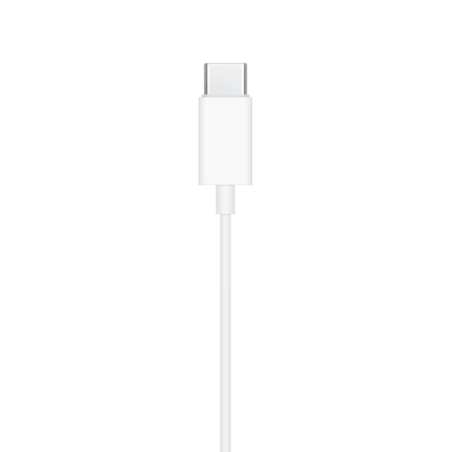 Ein Apple EarPods (USB-C)-Kabel in Weiß wird auf einem schlichten weißen Hintergrund mit dem Steckerende nach oben dargestellt.