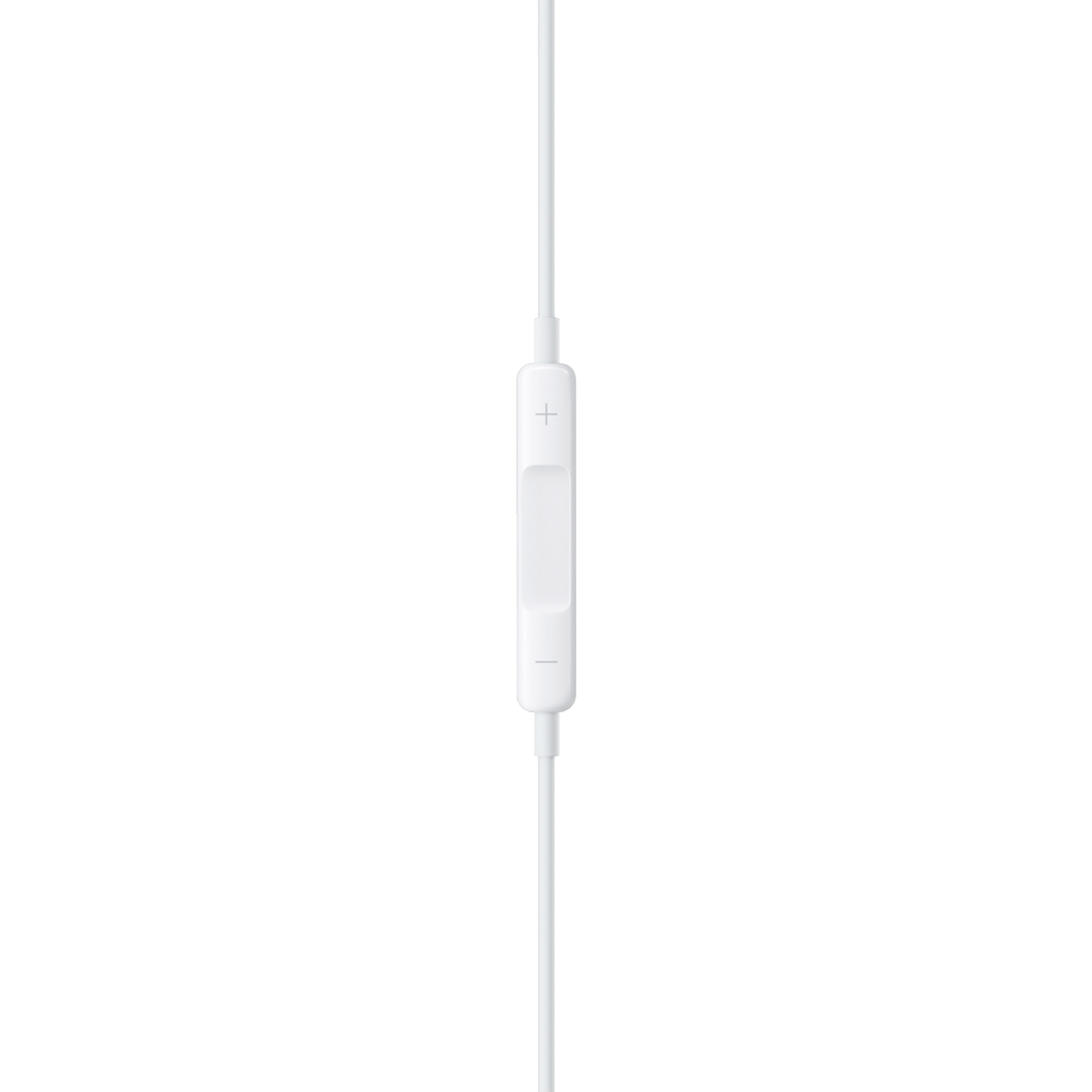 Die Apple EarPods (USB-C) verfügen über eine weiße Inline-Fernbedienung mit drei Tasten - Plus, Mitte und Minus - für eine einfache Steuerung und hochwertigen Klang, die auf einem schlichten hellgrauen Hintergrund angezeigt wird.