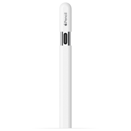 Der Apple Pencil (USB-C) von Apple ist vertikal auf einem schlichten weißen Hintergrund abgebildet, mit "Apple Pencil" auf der abgerundeten Kappe - magnetisch befestigt und bereit zum Schreiben.