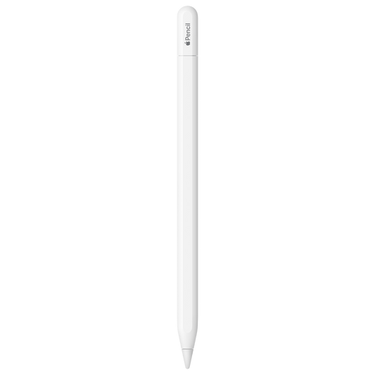 Der Apple Pencil (USB-C) von Apple, ein weißer digitaler Eingabestift, steht vertikal vor einem schlichten weißen Hintergrund. Sein schlankes, zylindrisches Gehäuse hat eine abgerundete Oberseite und eine spitze Spitze, und er wird zum Koppeln und Aufladen magnetisch befestigt.