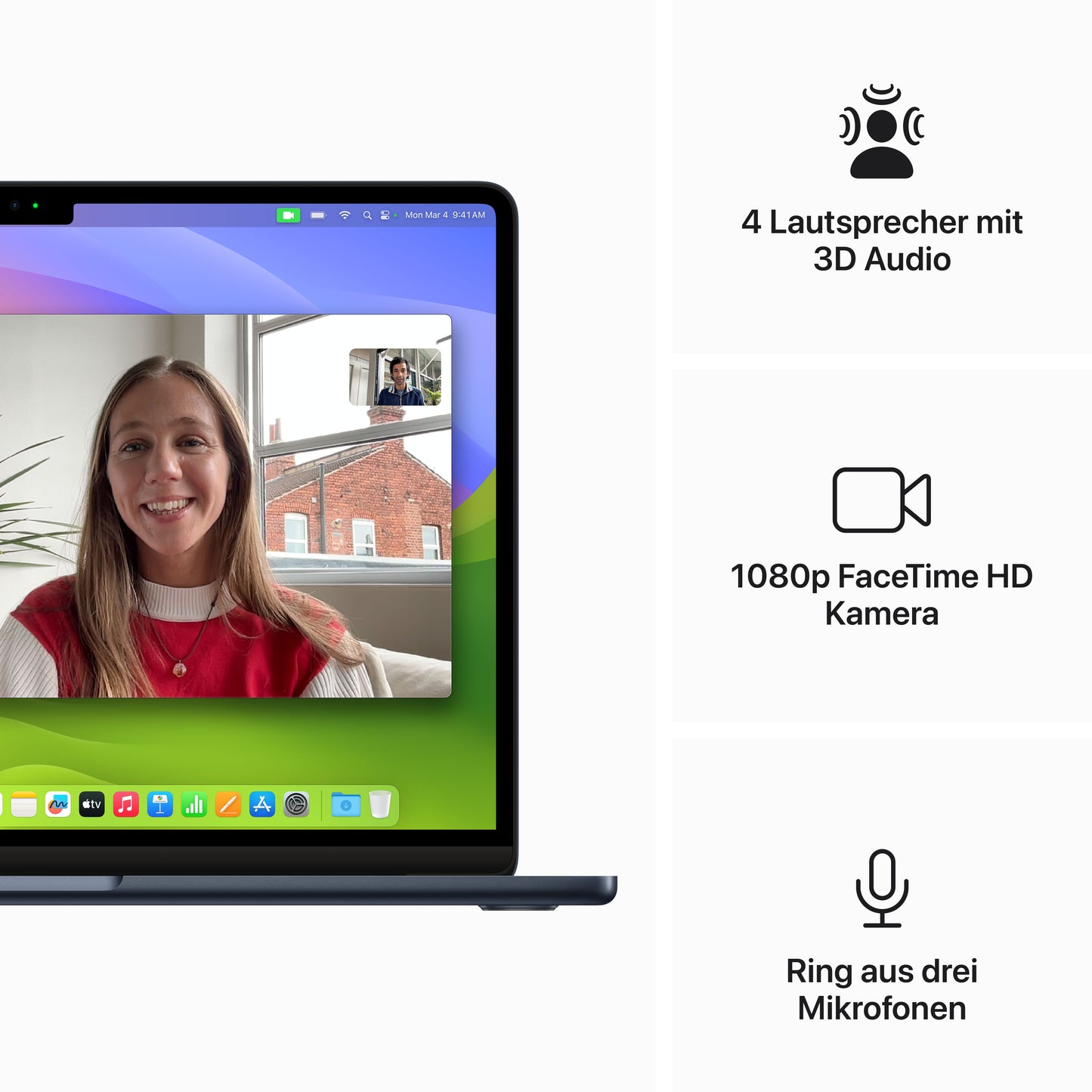 MacBook Air 13 Zoll mit M3 Chip, 8-Core CPU und 10-Core GPU, 16GB, 256GB SSD, mitternacht