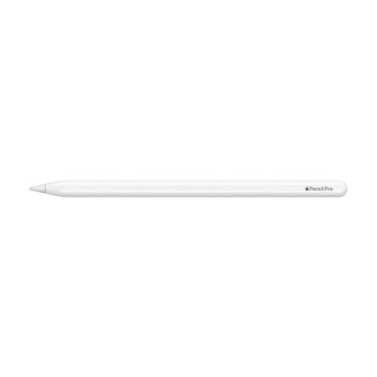 Der Apple Pencil Pro von Apple, ein weißer Eingabestift, liegt waagerecht auf einem schlichten weißen Hintergrund und zeigt kabelloses Laden und beeindruckende Präzision.
