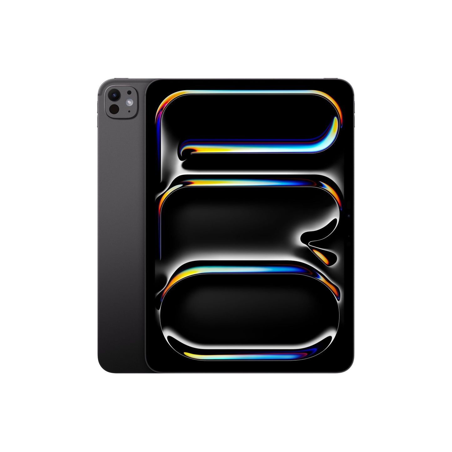 Ein Apple iPad Pro 11 Zoll Wi-Fi mit Standardglas, 256GB, space schwarz, mit einem lebendigen abstrakten Design auf seinem Ultra Retina XDR Display, überdeckt teilweise ein identisches Modell vor einem schlichten weißen Hintergrund.