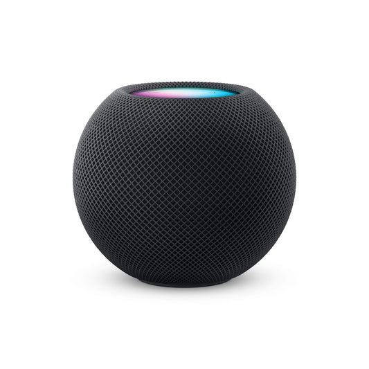 Der Apple HomePod mini, mitternacht, ist ein kugelförmiger, schwarzer Smart-Lautsprecher mit einer Außenseite aus Mesh, einer flachen Oberseite mit farbigen Lichtern und liefert immersiven 360°-Audio für ein verbessertes SmartHome-Erlebnis.