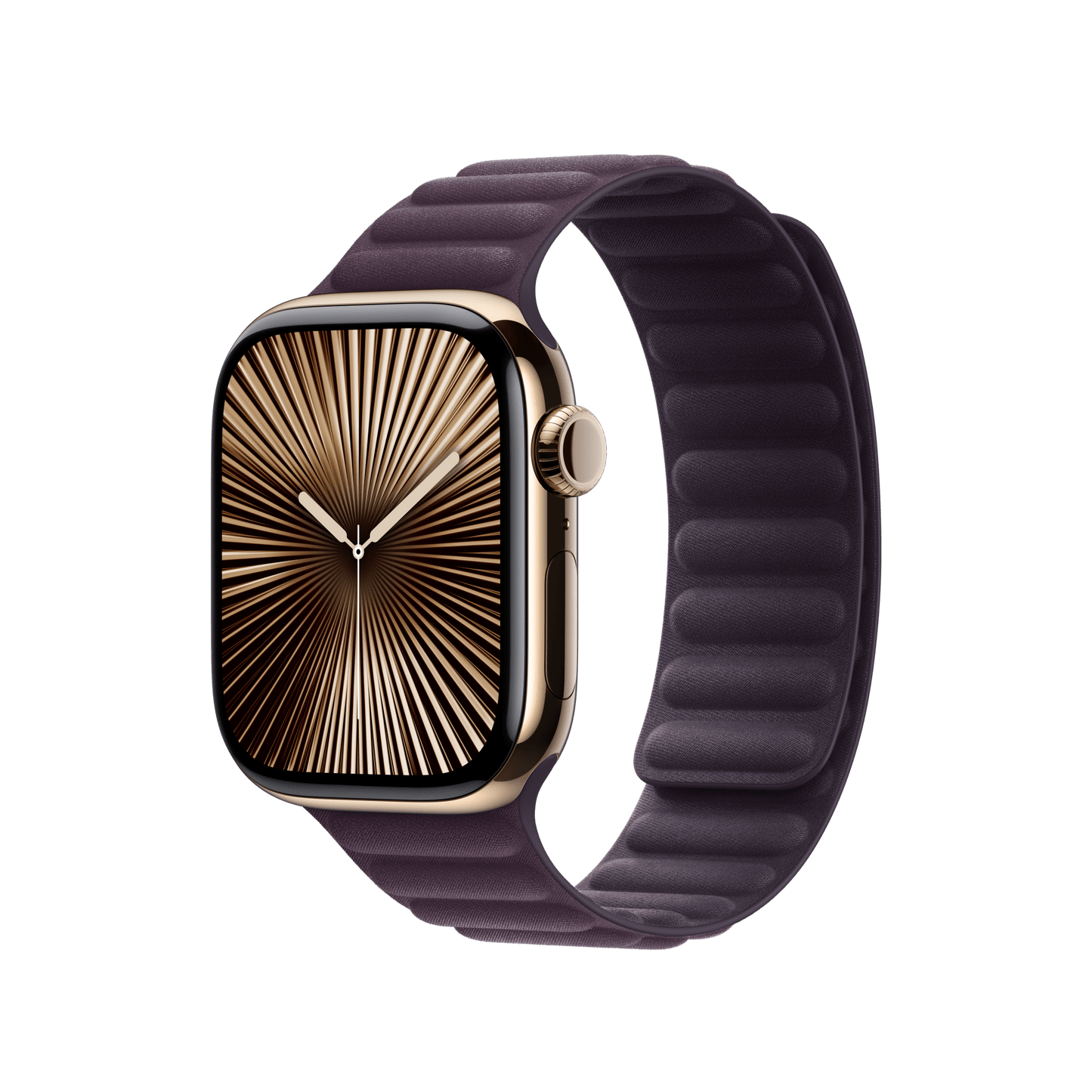 Eine goldene Apple Watch mit einem Apple 42mm Armband mit Magnetverschluss in Brombeere (S/M) zeigt ein Zifferblatt im Sonnenschliff-Stil auf hellem Hintergrund.