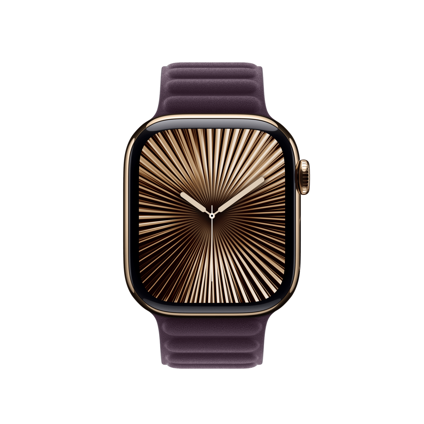 Eine Apple Watch mit goldenem Gehäuse, die das Apple Watch 42mm Armband mit Magnetverschluss in Brombeere (S/M) von Apple trägt, zeigt ein goldenes Zifferblatt mit Sonnenschliff, das 10:09 vor einem weißen Hintergrund anzeigt.