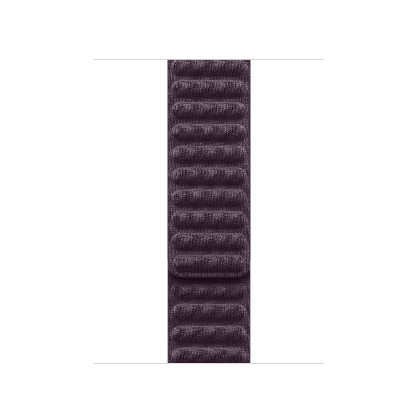 Nahaufnahme des Apple Watch 42mm Armband mit Magnetverschluss, brombeere (S/M) von Apple, die das strukturierte Feingewebe-Material mit erhabenen, abgerundeten rechteckigen Segmenten zeigt, die vertikal entlang des Bandes verlaufen.