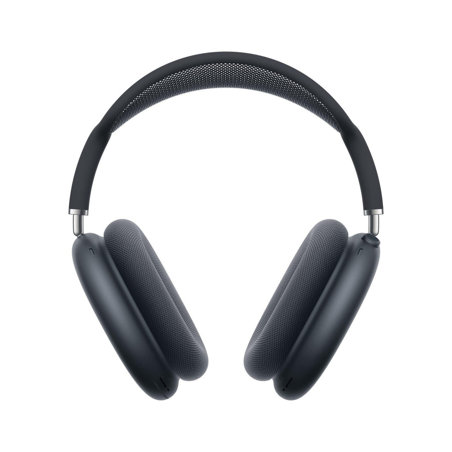 Ein Paar Apple AirPods Max, kabellose Over-Ear-Kopfhörer mit Mesh-Kopfbügel und gepolsterten Ohrmuscheln mit Hi-Fi-Audio, dargestellt vor einem schlichten weißen Hintergrund.