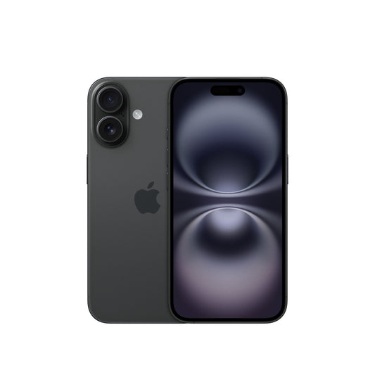 The Apple iPhone 16, 128GB, schwarz is displayed front and back on a white background. The front shows a dark abstract wallpaper; the back highlights dual cameras with Ultraweitwinkel-Kamera and the Apple logo.