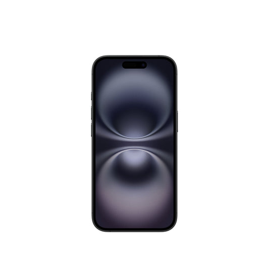 The Apple iPhone 16, 128GB, schwarz is shown with a dark abstract wallpaper of soft circular light patterns on a plain white background.