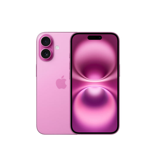An Apple iPhone 16, 128GB in pink is displayed: one device faces forward with a pink abstract wallpaper, the other shows the back with dual cameras and the Apple logo, both set against a white background.