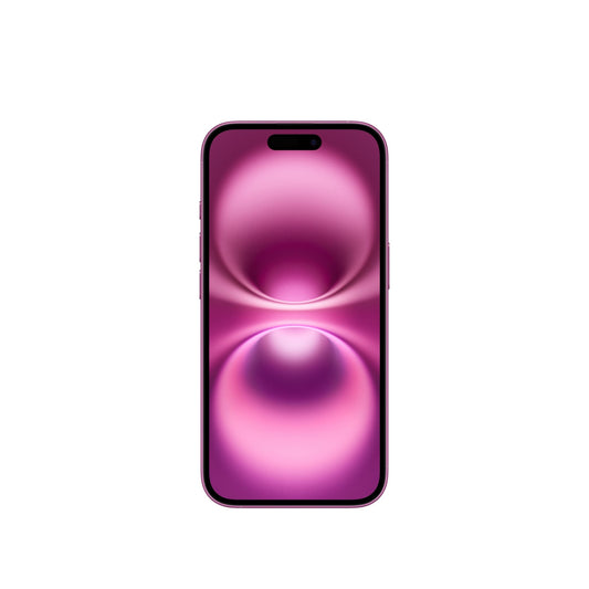The Apple iPhone 16, 128GB in pink features an A18 Chip and displays an abstract pink and purple circular pattern on a white background.