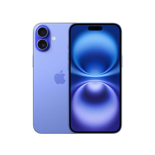 Das Apple iPhone 16 Plus, 128GB, in Ultramarin wird mit zwei rückwärtigen Kameras gezeigt, darunter eine 48MP Fusion Kamera; ein Gerät zeigt die Rückseite mit dem Apple-Logo und das andere zeigt den vorderen Bildschirm mit einem blauen abstrakten Hintergrundbild.