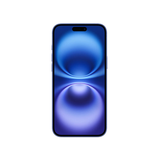 Die Frontansicht des Apple iPhone 16 Plus (128 GB, ultramarin) zeigt ein blaues, abstraktes Lichtmuster auf dem Bildschirm und verfügt über eine fortschrittliche 48-MP-Fusionskamera, die vor einem schlichten weißen Hintergrund steht.
