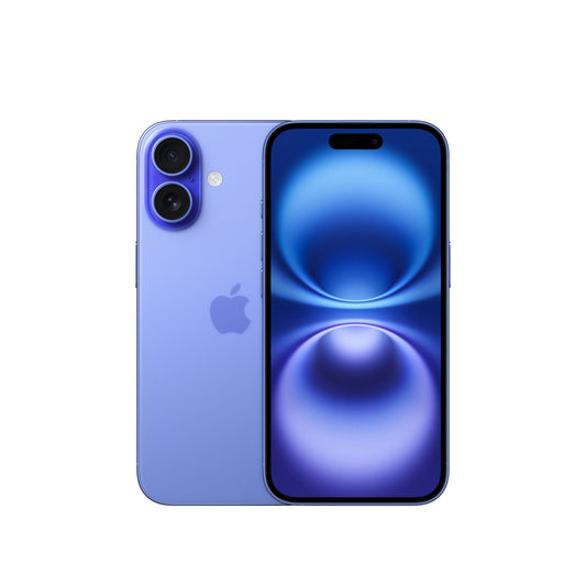 The Apple iPhone 16 (128GB, ultramarin) stands upright against a white background, shown from front and back with a dual-camera system and blue abstract wallpaper.