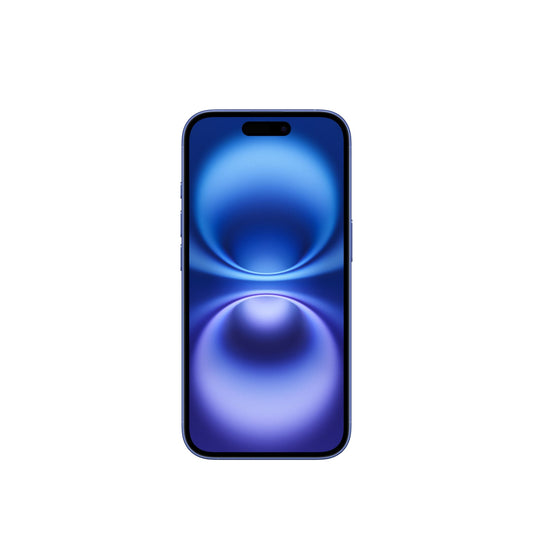 An Apple iPhone 16, 128GB in ultramarin is shown upright with a vivid abstract blue and purple wallpaper on its screen against a plain white background, featuring an advanced Ultraweitwinkel-Kamera for stunning wide-angle shots.