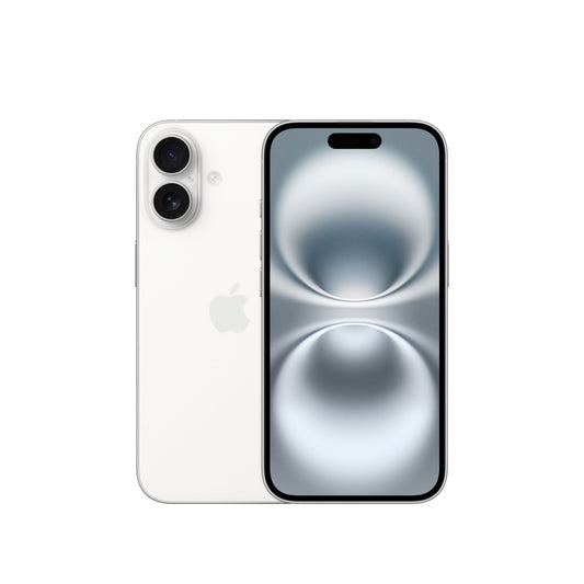 Apple iPhone 16, 128GB, Weiß renkte, iki fotoğraf makinesi ve yeni Kamera Tasarımı ile birlikte sunuluyor. Ekran, gri ve beyaz renklerde modern ve abartılı bir duvar kağıdını gösteriyor, Apple Logosu ise arka yüzde görülebiliyor.