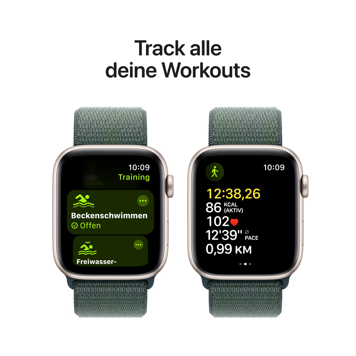 Apple Watch SE GPS + Cellular, Aluminium polarstern, 44mm mit Sport-Loop, seegrün