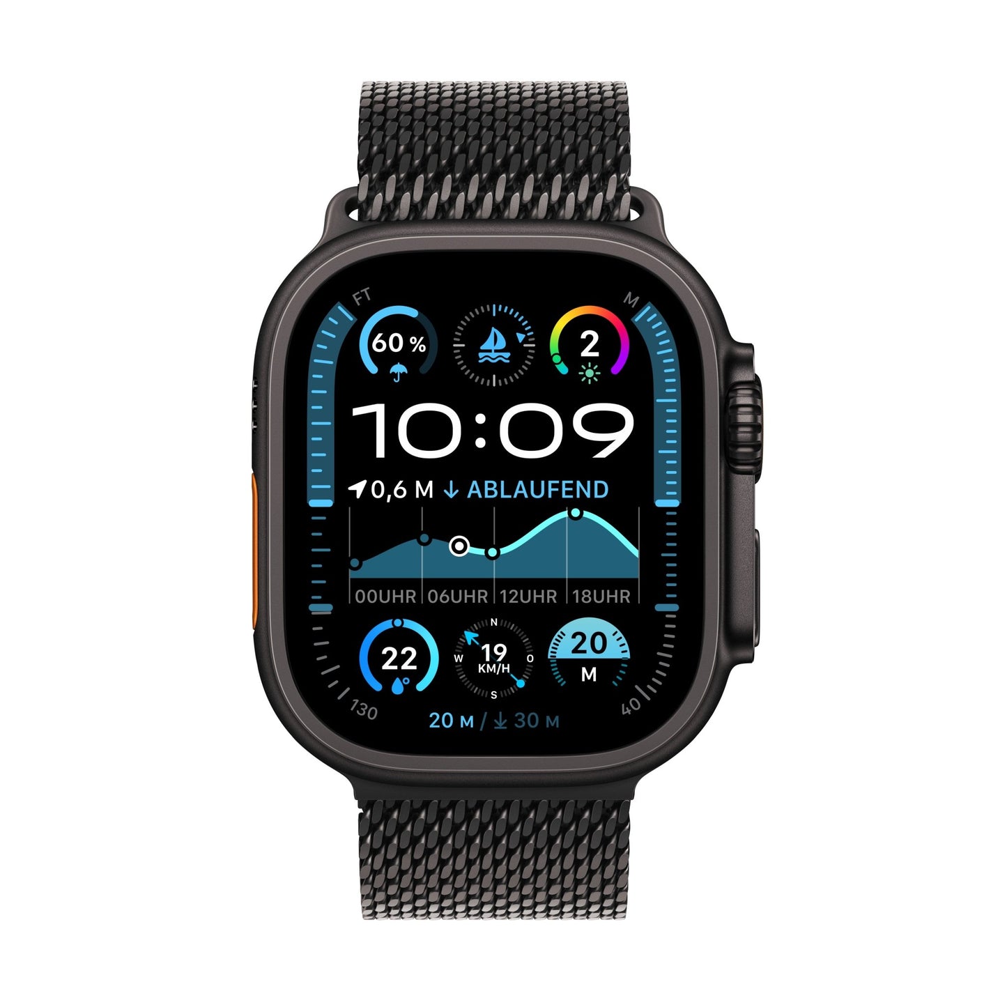 Apple Watch Ultra 2 GPS + Cellular, Titan schwarz, 49mm mit Milanaise-Armband, Titan schwarz - M